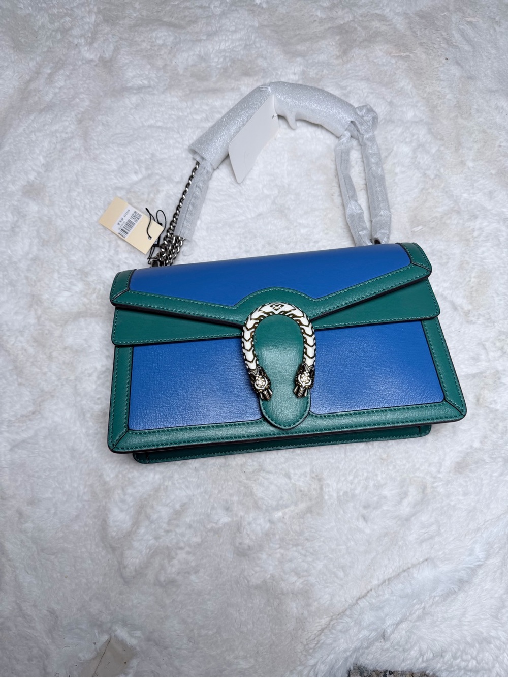 Blue & Green Leather Shoulder Bag with Silver Hardware